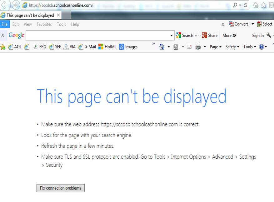 Screen Capture of Schoolcash Error
